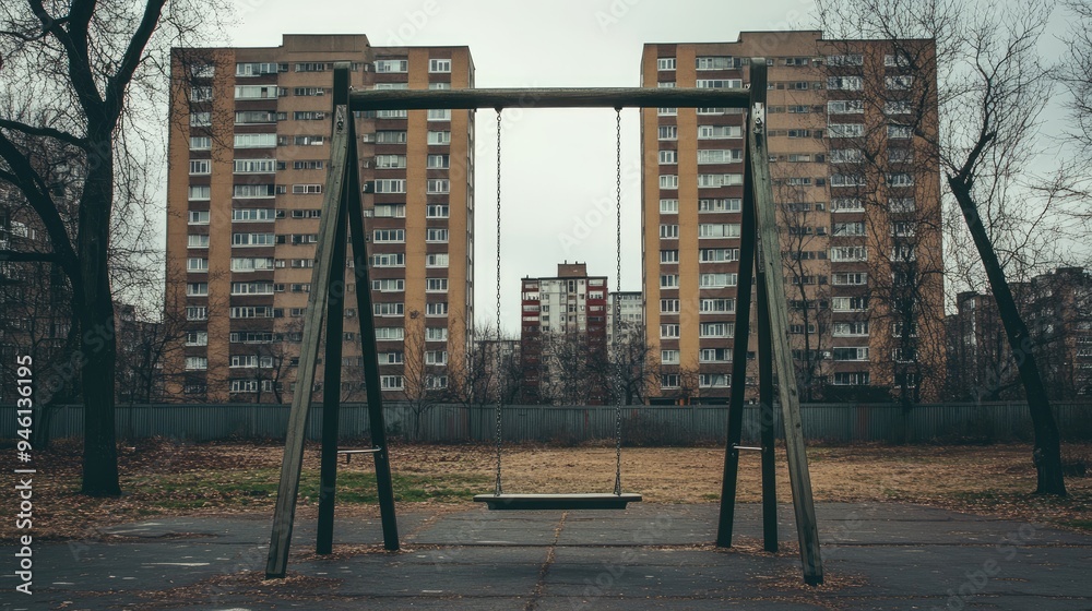 An empty swing set stands alone in front of towering apartment blocks, with a bleak sky enhancing the mood. An empty swing set stands alone in front of towering apartment blocks, with a bleak sky enhancing the mood.