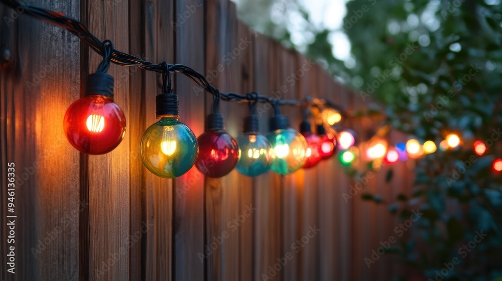 Naklejka premium Vibrant String Lights Draped Over Garden Fence