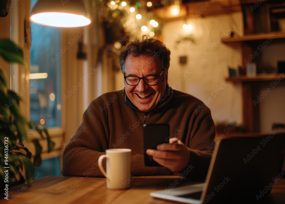 A man smiling while using his smartphone, with a cup of coffee on the table next to him. A man smiling while using his smartphone, with a cup of coffee on the table next to him.