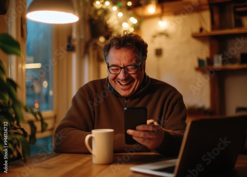 A man smiling while using his smartphone, with a cup of coffee on the table next to him.