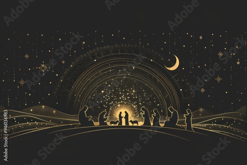 Minimalist Line Art Nativity Scene with Gold Accents

