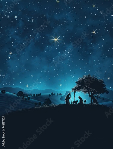 Silhouette of Nativity Scene Against Starry Sky