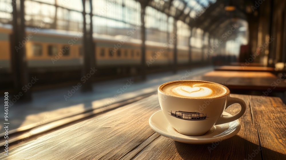 Steaming Cappuccino in Station Cafe with Train Image on Coffee