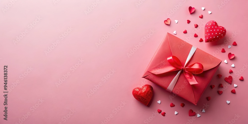 Valentine's Day background with a red envelope, gift box, and hearts on a pink background for a romantic concept Valentine's Day background with a red envelope, gift box, and hearts on a pink background for a romantic concept