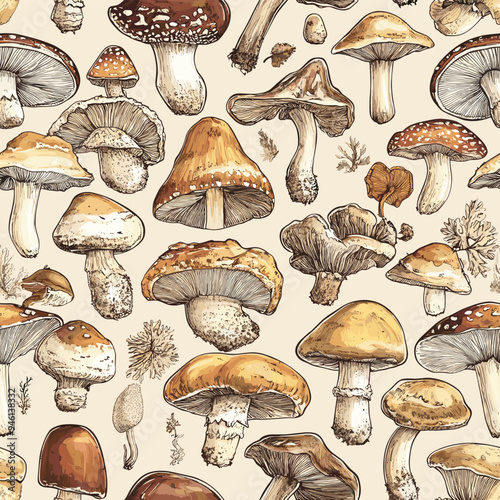 Mushroom seamless pattern. Isolated intricate mushrooms. Square repeat pattern design. Vector illustration