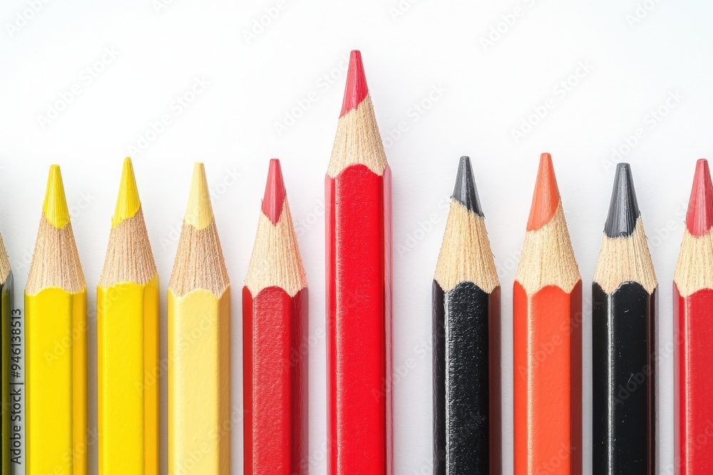 A pencil stands out from a row of pencils because it is red. A pencil stands out from a row of pencils because it is red.