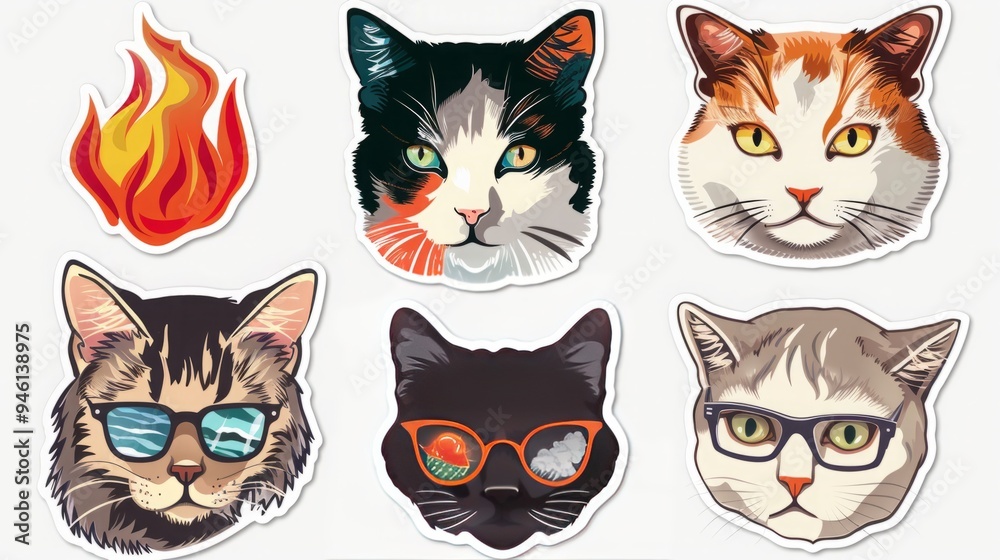 Obraz premium Quintet of Whimsical Cat Stickers in 8K High Resolution: A Fiery, Scholarly, and Playful Feline Collection on White