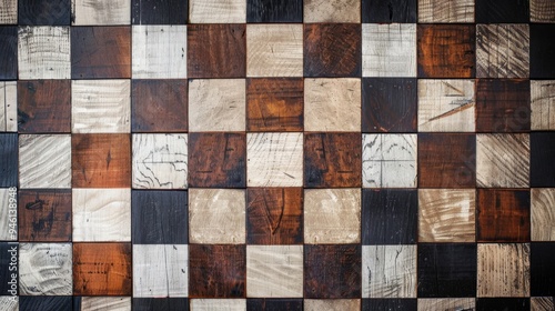 Flat lay of a wooden background with a checkerboard pattern, showcasing bold design and contrast