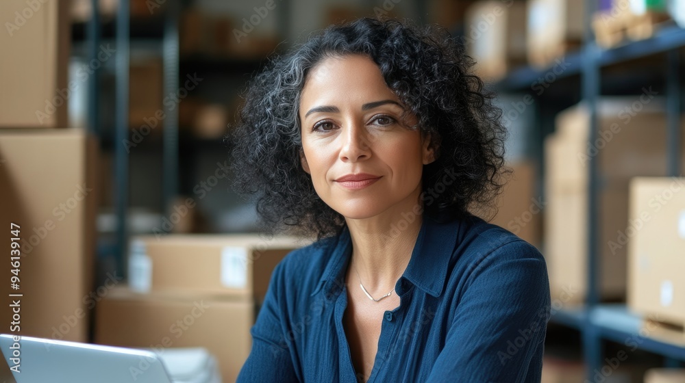 Curly-Haired Latina Businesswoman at Desk in Stylish Warehouse Curly-Haired Latina Businesswoman at Desk in Stylish Warehouse