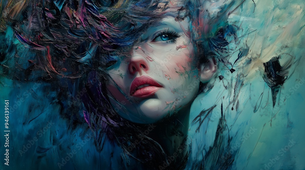 Fototapeta premium A vibrant, abstract portrait of a woman with flowing hair and expressive features.