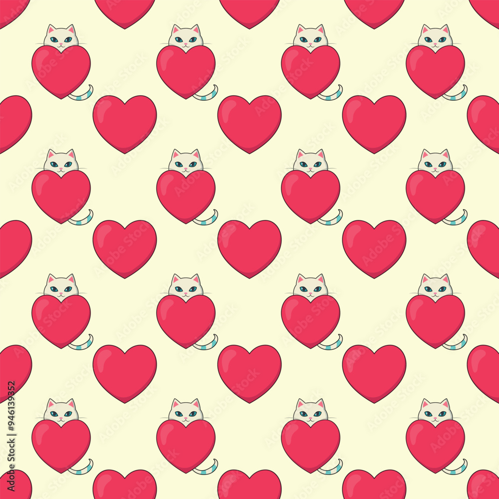 Kawaii cat with red heart seamless pattern. Cute cat pattern with heart Kawaii cat with red heart seamless pattern. Cute cat pattern with heart