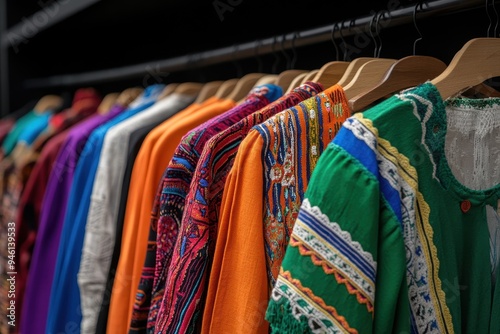 Traditional Clothing Display: A showcase of traditional Hispanic clothing, such as the Mexican charro suit, Peruvian poncho, and Guatemalan huipil.