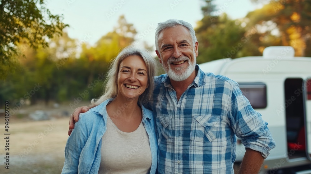 Joyful Couple Enjoying Camper Trip Together Joyful Couple Enjoying Camper Trip Together