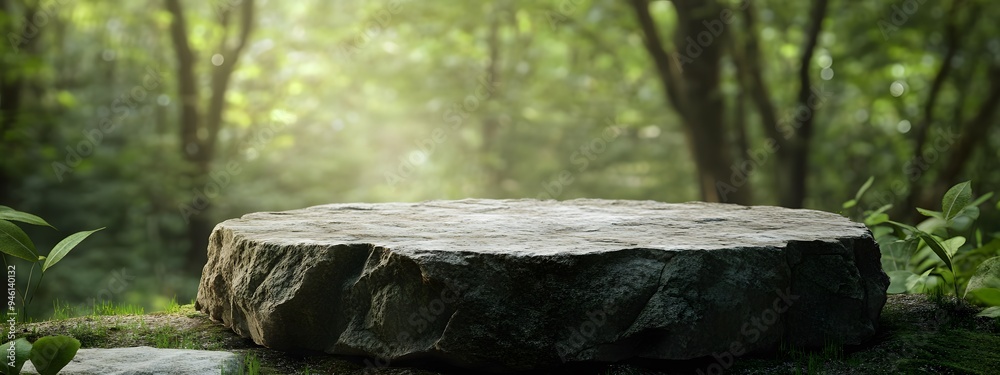Stone podium for product presentation mock-up on a natural background, stone pedestal in a jungle for cosmetic display, abstract green nature backdrop, copy space concept. Stone podium for product presentation mock-up on a natural background, stone pedestal in a jungle for cosmetic display, abstract green nature backdrop, copy space concept.