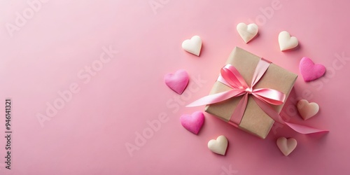 Valentine's Day composition with a gift box and paper hearts on a pink background