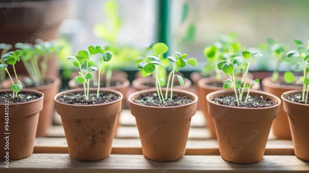 Vibrant Young Seedlings Flourishing in Pots Under Indoor Lights: A Showcase of Sustainable Indoor Gardening and Eco-Friendly Cultivation Vibrant Young Seedlings Flourishing in Pots Under Indoor Lights: A Showcase of Sustainable Indoor Gardening and Eco-Friendly Cultivation