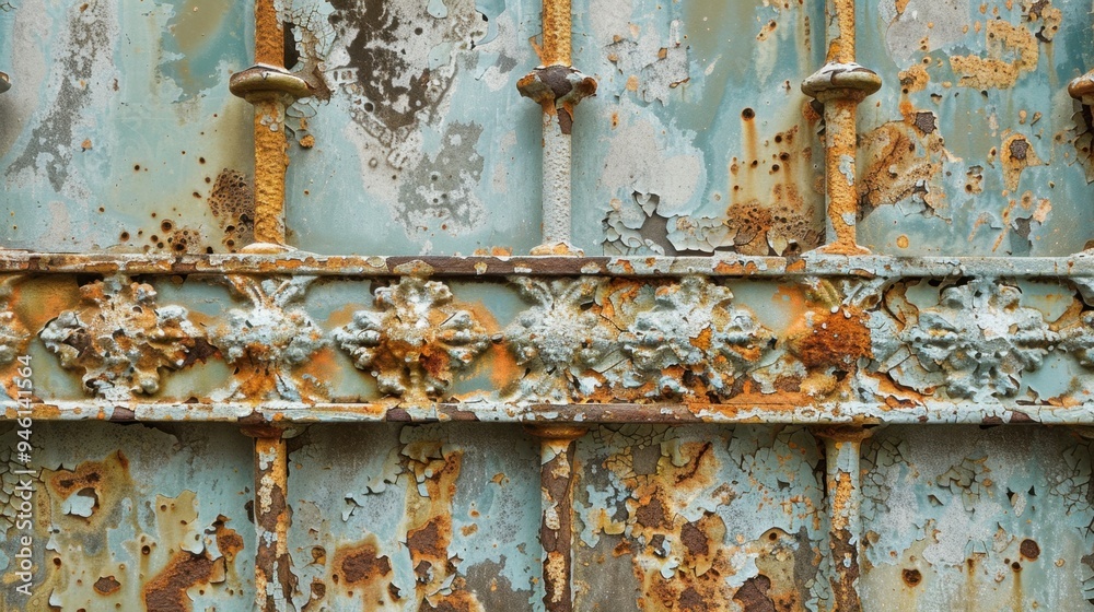Flat lay of an old iron gate surface with peeling paint and rust patches, emphasizing decay and age Flat lay of an old iron gate surface with peeling paint and rust patches, emphasizing decay and age