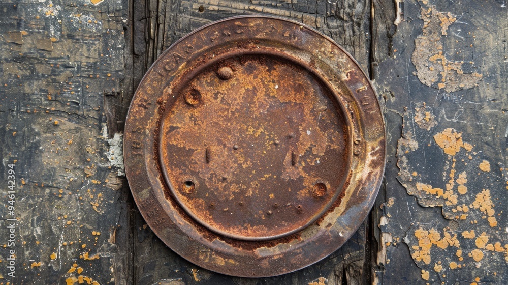 Flat lay of an old, weathered iron plate with peeling paint and rust, showcasing age and wear Flat lay of an old, weathered iron plate with peeling paint and rust, showcasing age and wear
