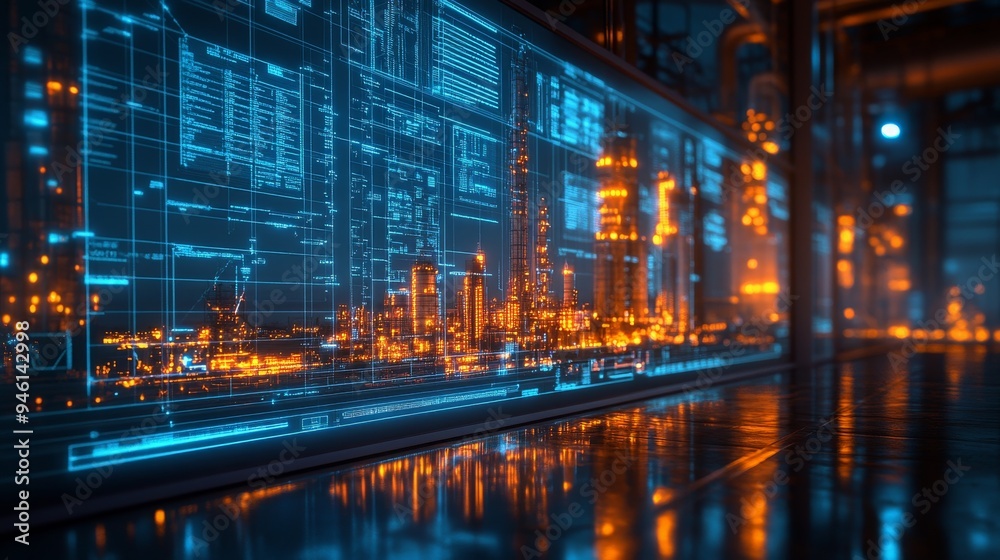 A holographic display illustrates the impact of industrial processes, highlighting intricate data and cityscape silhouettes in a darkened facility. A holographic display illustrates the impact of industrial processes, highlighting intricate data and cityscape silhouettes in a darkened facility.