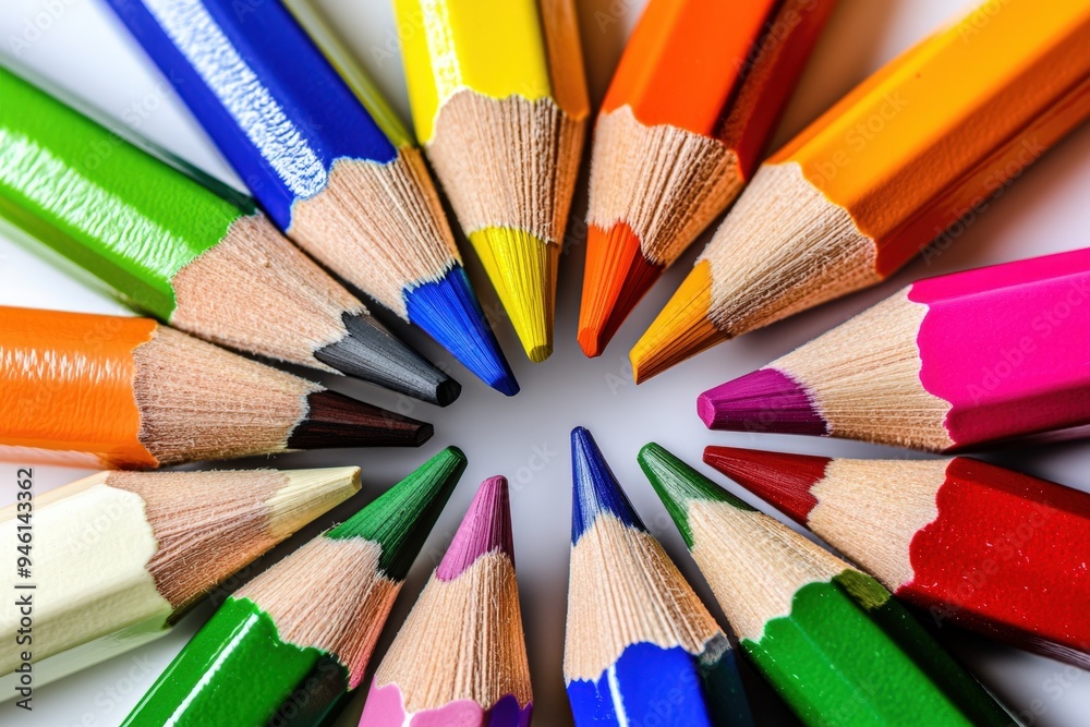 A collection of colored pencils arranged in a circle. A collection of colored pencils arranged in a circle.
