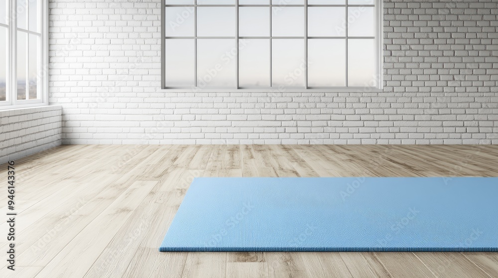Fototapeta premium Experience a tranquil yoga studio with a wooden floor and white brick walls, bathed in natural light, ideal for fitness and mindfulness activities