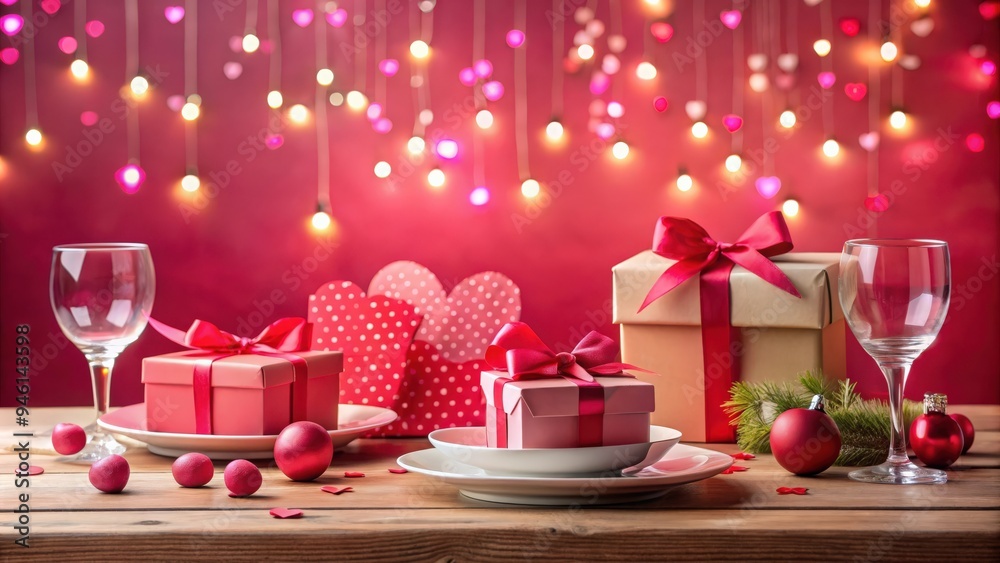 Festive Valentine's Day table setting with gifts, hearts, and pink background Festive Valentine's Day table setting with gifts, hearts, and pink background