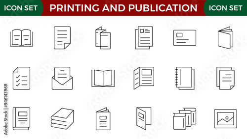 Printing and Publication icon set. Flyer Brochure line icon set. letterhead, booklet, leaflet, corporate catalog, and envelope icon set. Outline iconcollection.