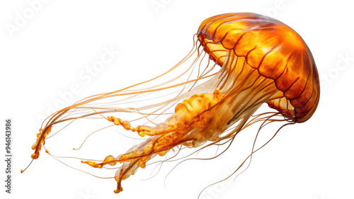 Glowing orange jellyfish swimming underwater on the transparent background PNG