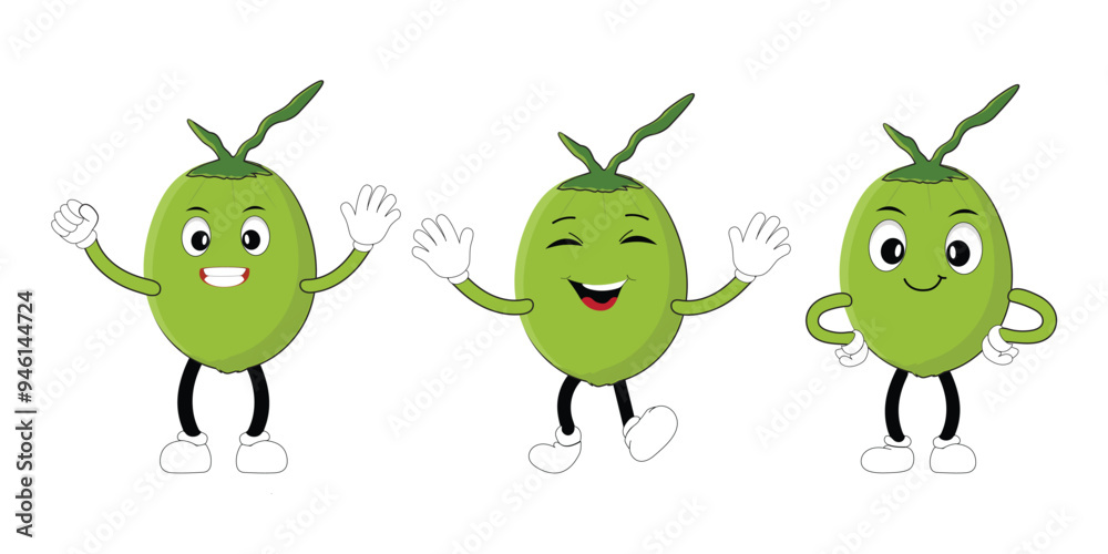 Set of green coconut fruit cartoon character, Mascot poses with smile expression Isolated Vector Illustration Set of green coconut fruit cartoon character, Mascot poses with smile expression Isolated Vector Illustration