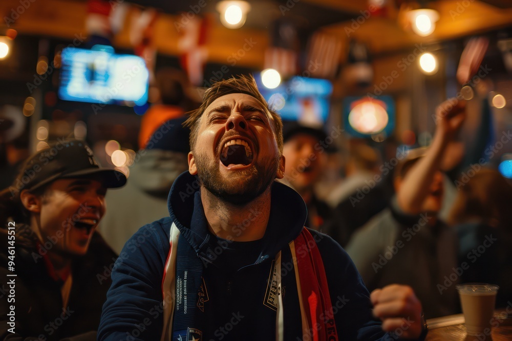 Vibrant bar scene with friends cheering and celebrating a sports event on TV. A man in the foreground is wearing a blue shirt and red scarf, enthusiastically reacting to the action on screen. Vibrant bar scene with friends cheering and celebrating a sports event on TV. A man in the foreground is wearing a blue shirt and red scarf, enthusiastically reacting to the action on screen.