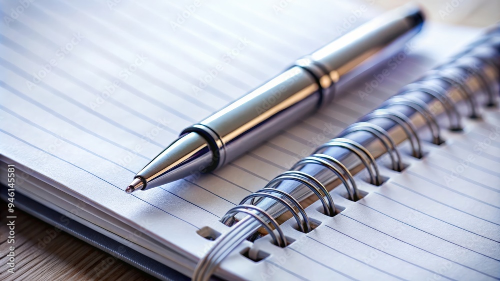 Selective focus on ball pen resting on open lined diary book, emphasizing productivity and organization Selective focus on ball pen resting on open lined diary book, emphasizing productivity and organization