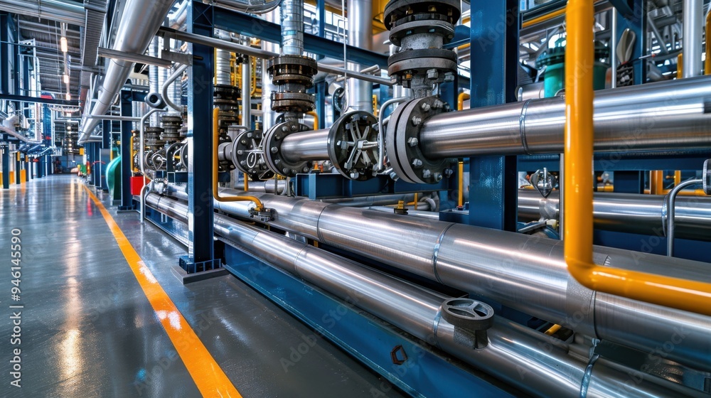 Interior of an oil refinery with complex piping and valves, showcasing the engineering behind petrochemical production Interior of an oil refinery with complex piping and valves, showcasing the engineering behind petrochemical production