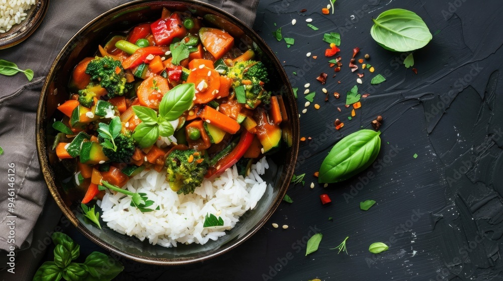 Top view of a bowl of vibrant vegetable stir-fry with a side of white rice on a dark background Top view of a bowl of vibrant vegetable stir-fry with a side of white rice on a dark background