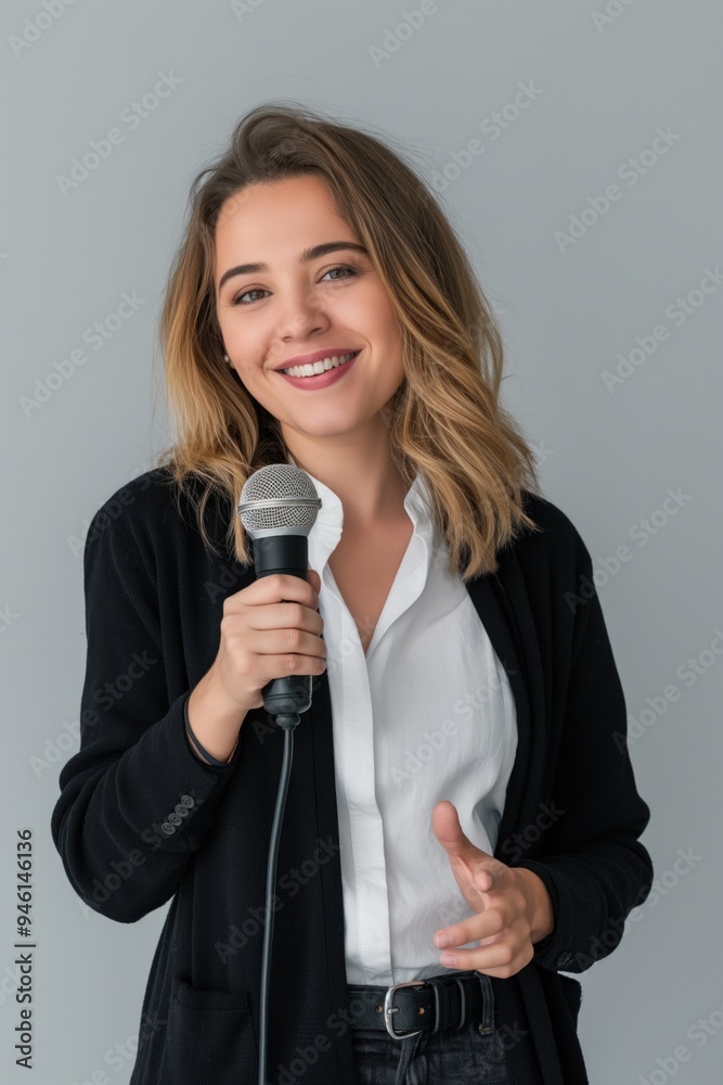 Confident journalist holds microphone on gray background. Woman in crisp white blouse and black pants prepares to speak or sing. High-end occupational photo captures authentic moment. Confident journalist holds microphone on gray background. Woman in crisp white blouse and black pants prepares to speak or sing. High-end occupational photo captures authentic moment.