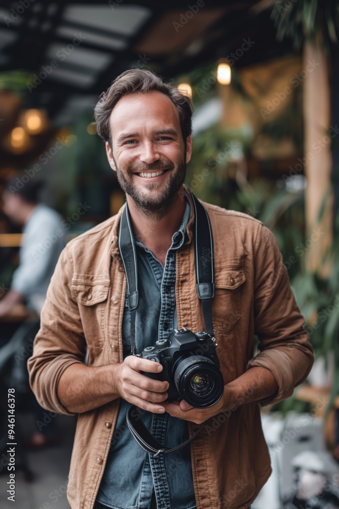 Confident photographer stands in busy restaurant with camera in hand, smiling at lens amidst warm atmosphere of camaraderie and shared experiences, capturing authentic moments of high-end occupation.