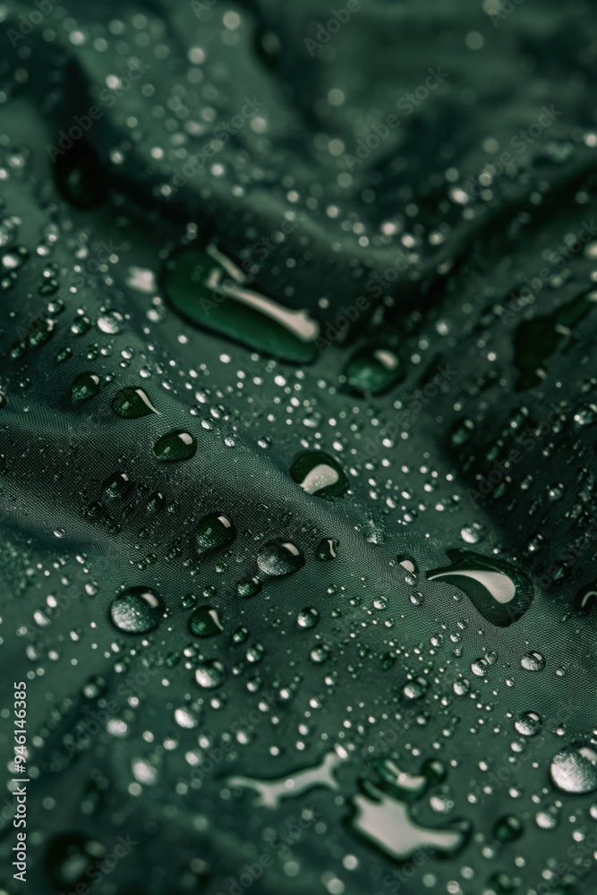 Water droplets scatter on waterproof fabric textured surface, creating movement and dynamism. Close-up shot of green synthetic material repels water, highlighting its water-repellent properties. Water droplets scatter on waterproof fabric textured surface, creating movement and dynamism. Close-up shot of green synthetic material repels water, highlighting its water-repellent properties.