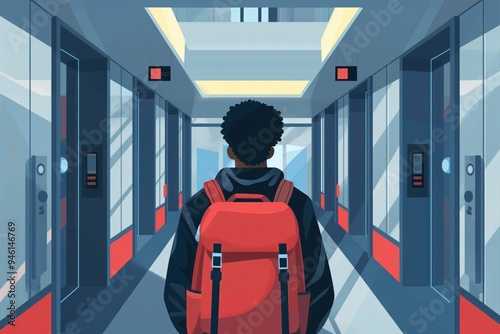 Airport terminal corridor features man with backpack standing in front of open door, gazing outside. Minimalistic illustration style showcases modern architecture and travel concept.