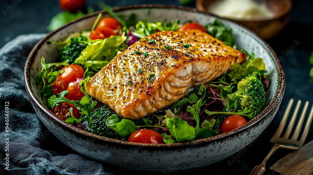 An elegant bowl with mixed greens, cherry tomatoes, and colorful vegetables. An elegant bowl with mixed greens, cherry tomatoes, and colorful vegetables.