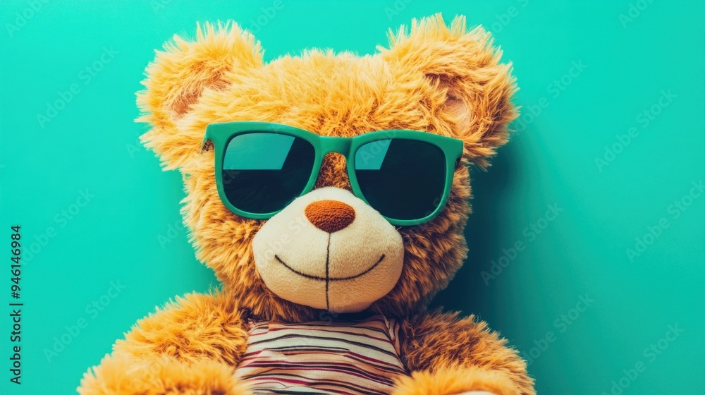 Cool Teddy Bear with Sunglasses Against a Teal Background