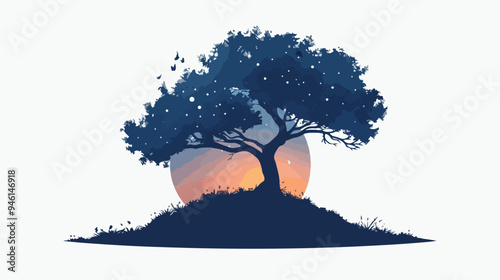 Lonely Tree in Night Flat Vector Isolated on White Background photo