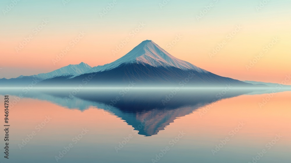 Fototapeta premium Digital art featuring a mountain and its reflection in still water, rendered in a minimalist style with subtle colors.