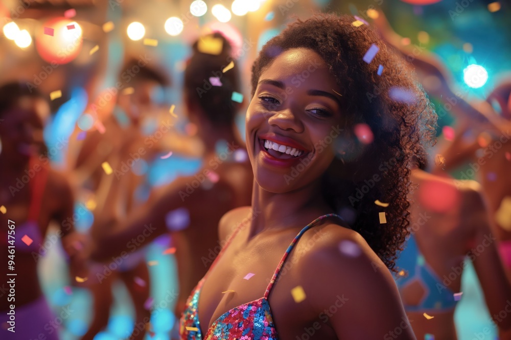 African American woman dancing in red and blue dress surrounded by people celebrating at party. Confetti fills air, adding to vibrant atmosphere. Table with flowers is visible in background. African American woman dancing in red and blue dress surrounded by people celebrating at party. Confetti fills air, adding to vibrant atmosphere. Table with flowers is visible in background.