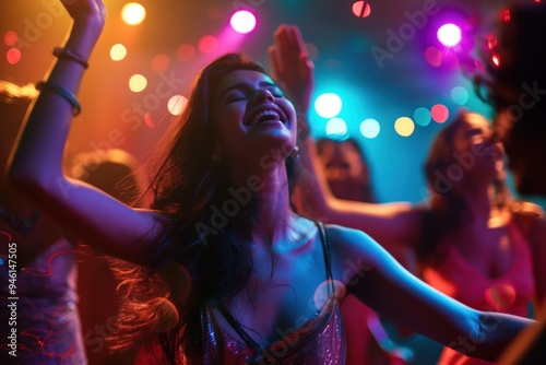 Lively scene of South Asian woman dancing joyfully at party with friends on dance floor. Vibrant atmosphere created by colorful lights, dynamic movement, and bright lighting.