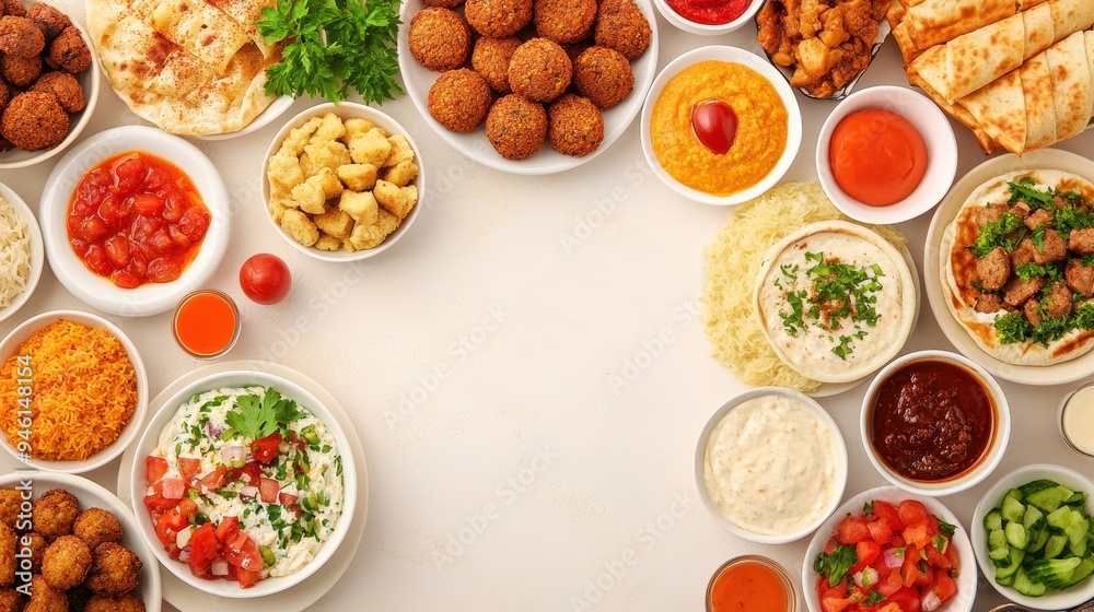 An array of fresh Arabic dishes presented attractively, showcasing colorful ingredients and flavors for a communal meal An array of fresh Arabic dishes presented attractively, showcasing colorful ingredients and flavors for a communal meal