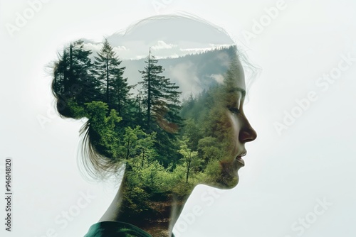 Young woman head is merged with forest landscape in double exposure photo. Nature beauty blends with human face. Forest trees surround woman profile, green leaves fill her hair. photo