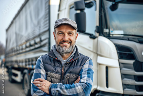 Truck driver smiling with arms crossed in front of truck