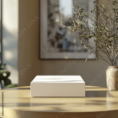 simple card box for product packaging on a wood table mockup generated by AI