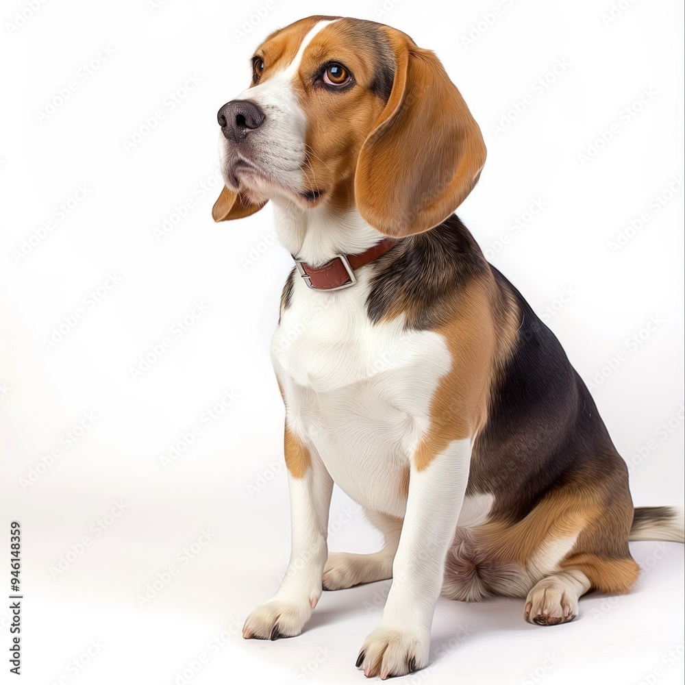 Beagle dog stands alone on white background. Brown and black fur of beagle is visible as it looks directly at camera with its ears perked up. Dog expression is serious but its eyes are attentive. Beagle dog stands alone on white background. Brown and black fur of beagle is visible as it looks directly at camera with its ears perked up. Dog expression is serious but its eyes are attentive.