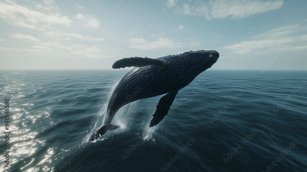 Fototapeta premium A humpback whale breaching above the ocean surface under a bright sky.