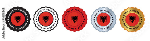 Made in albania set of sign stamp badge, with varian color red, silver, gold, black suitable for products manufactured, military, agriculture or food vector illustration eps editable text